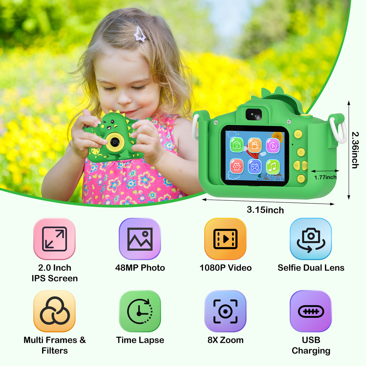 Contixo KC3 DinoSnap Kids Digital Camera - Green Dinosaur