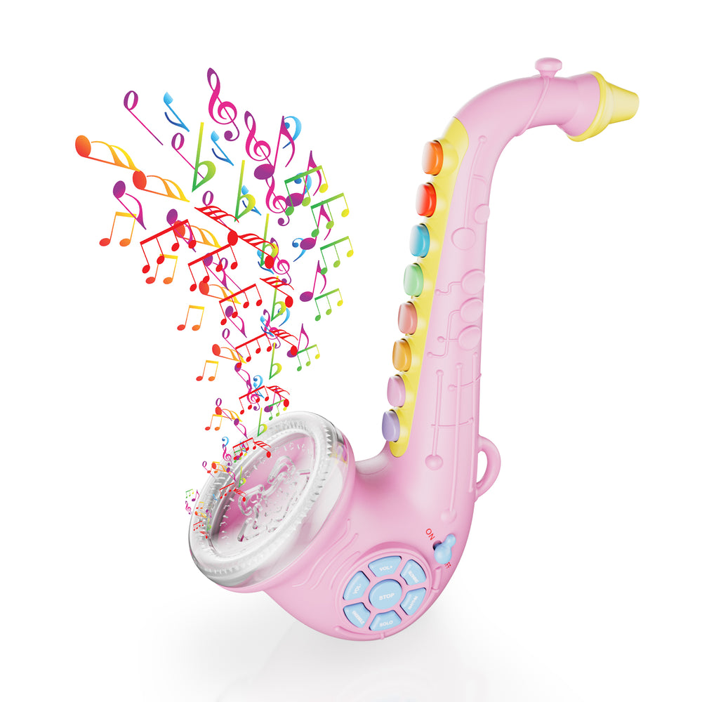 Contixo pink saxophone musical toy with colorful buttons, lights, and music notes