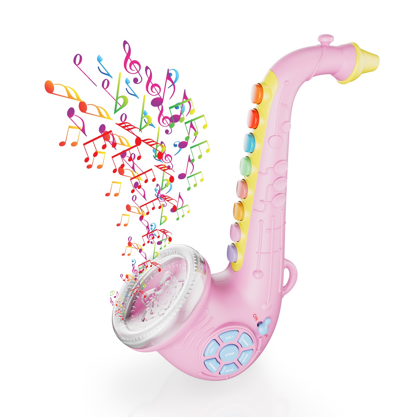 Contixo pink saxophone musical toy with colorful buttons, lights, and music notes
