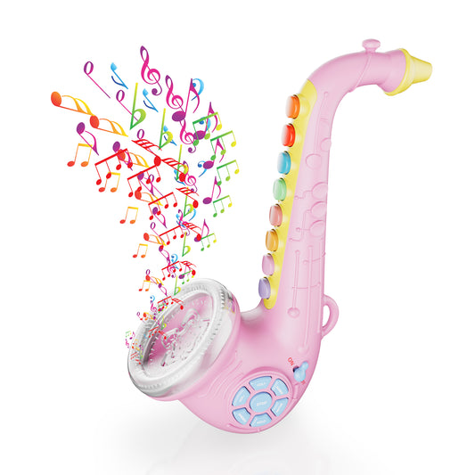 Contixo pink saxophone musical toy with colorful buttons, lights, and music notes