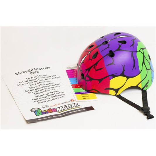 Brain Hat-ter Helmet educational safety helmet with colorful brain region sections in red, purple, yellow, and green, includes instructional card with brain fac