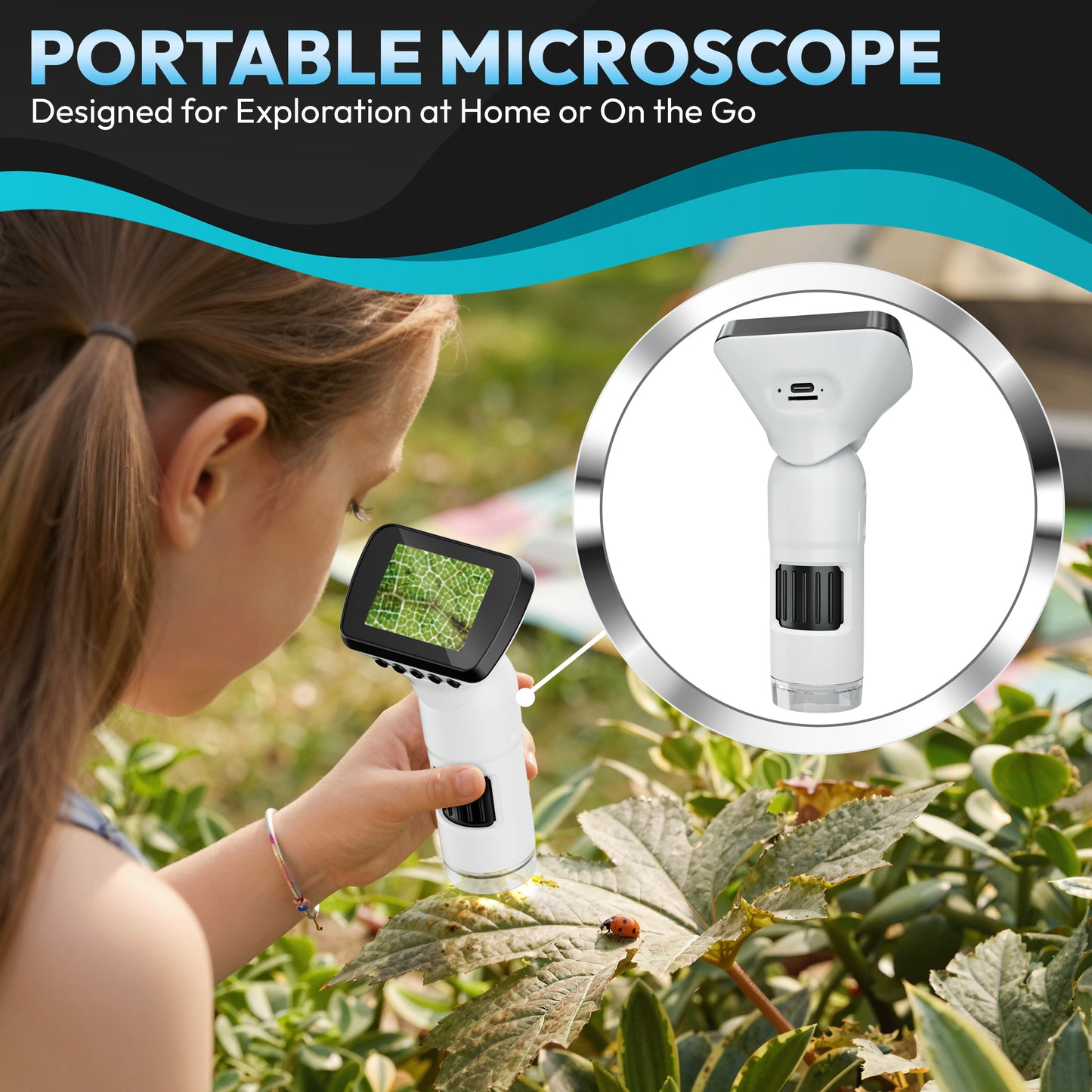 Contixo MS2 portable white digital microscope with LCD screen showing 1000X magnification of ladybug on leaf