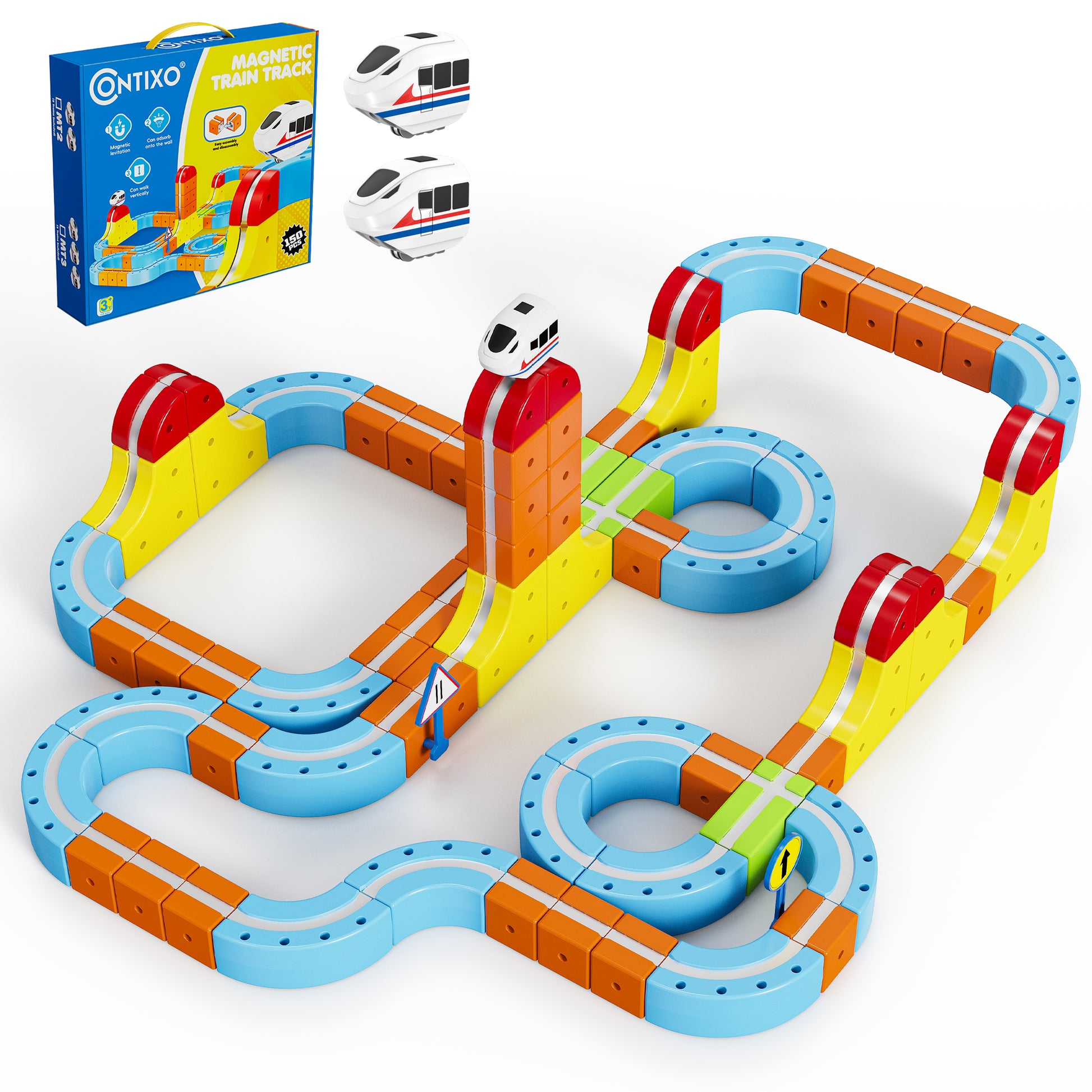 Contixo Magnetic Train Track Set with colorful blue, orange, and yellow modular tracks and white trains