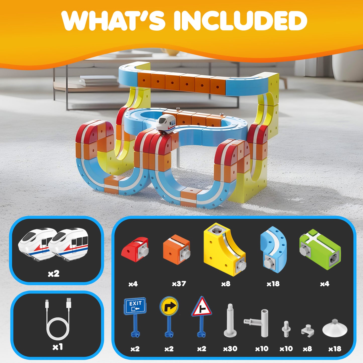 Contixo Magnetic Train Track Set with colorful building blocks, 2 rechargeable trains, and accessories