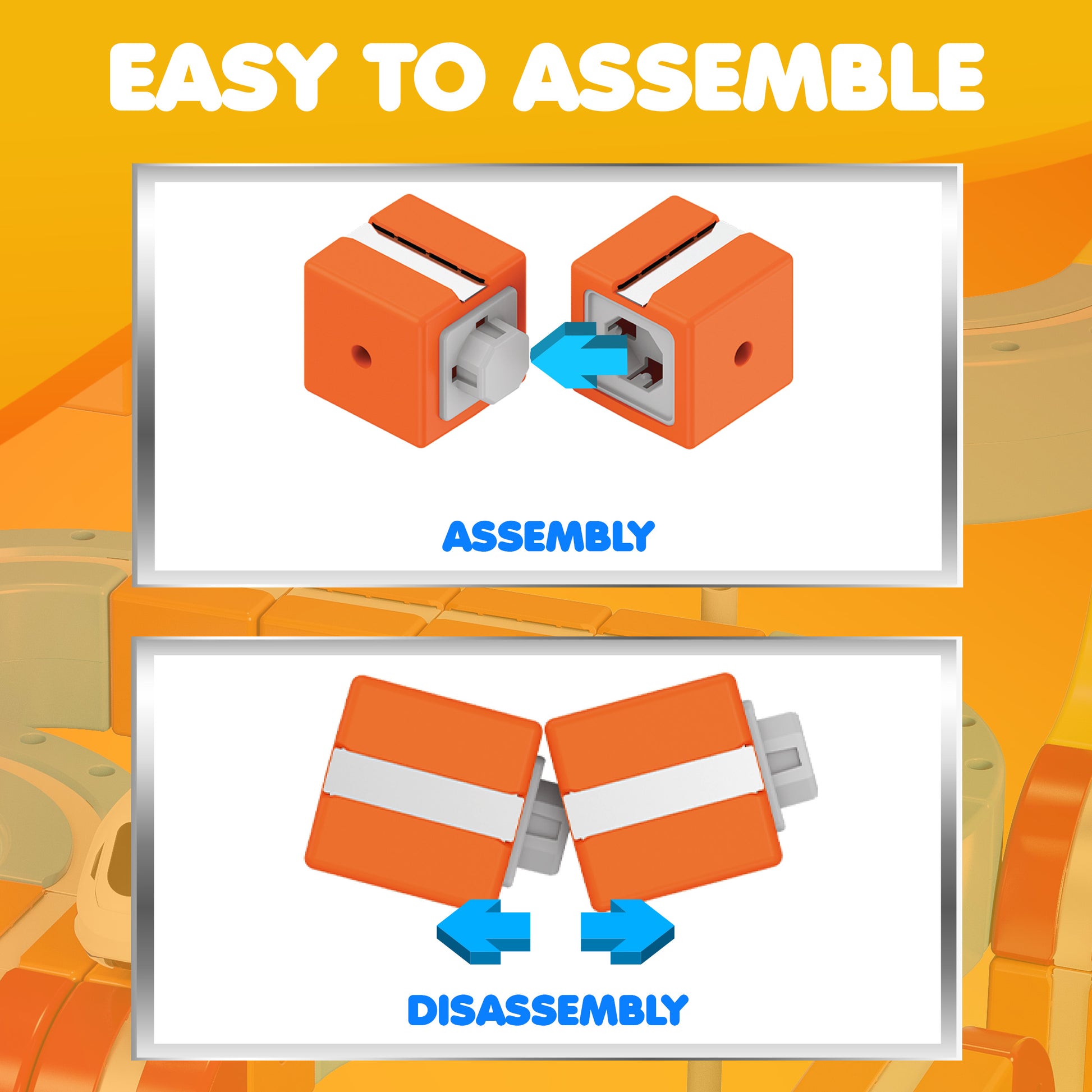 Contixo Magnetic Train Track Set assembly and disassembly instructions with orange blocks and blue arrows
