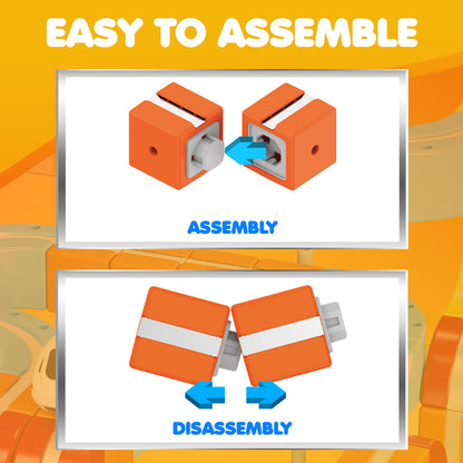 Contixo Magnetic Train Track Set assembly and disassembly instructions with orange blocks and blue arrows