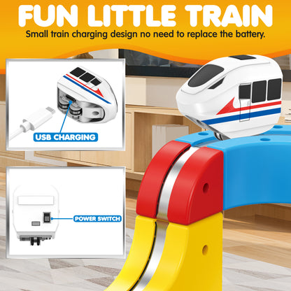 Contixo Magnetic Train Track Set with white electric train, colorful blue red yellow track blocks, USB charging