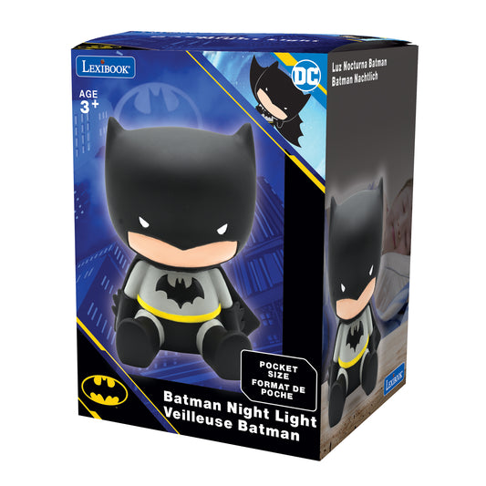 Lexibook Batman Night Light pocket-size figure in black with gray chest emblem and yellow belt, shown in product packaging