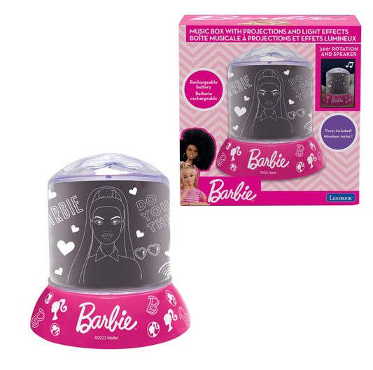Barbie DreamLight Projector and Speaker music box with 360° rotation, rechargeable battery, and timer, shown with packaging on right and product on left