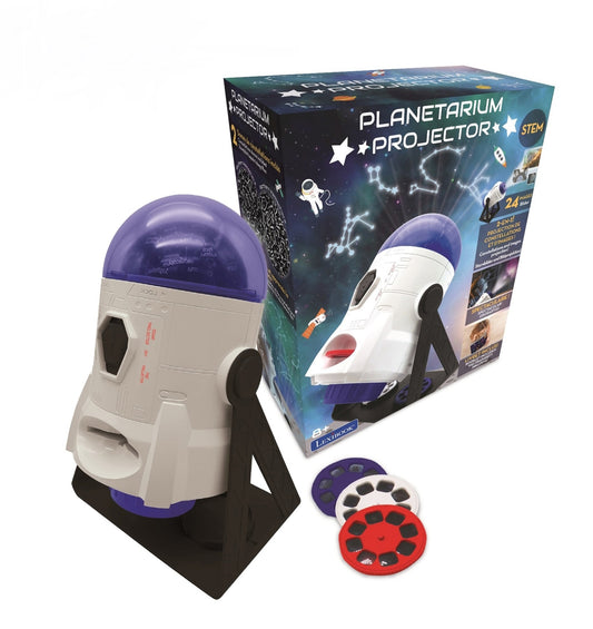 Planetarium projector with purple dome and white base on black stand, shown with purple and red disc slides, displayed next to product box