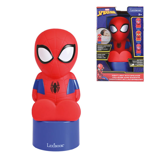 Marvel Spider-Man red and blue LED nightlight with speaker, shown on plain background and in packaging