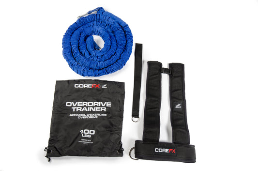 CoreFX Overdrive Trainer 100lbs set with blue resistance cord, black shoulder harness, and black carrying bag