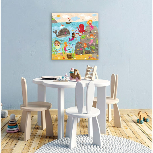 Mermaid Mingle Art Canvas by Liza Lewis featuring children swimming, a red octopus, whale, and sailboat in a colorful underwater and beach scene
