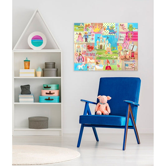 Colorful patchwork canvas wall art featuring princess, castle, and alphabet designs displayed in a child's room styled with white house-shaped shelving and blue