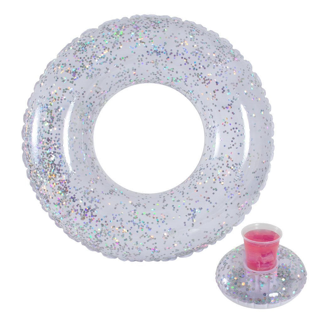 Glitter 36" Beach & Pool Tube with White Glitter and matching drink float