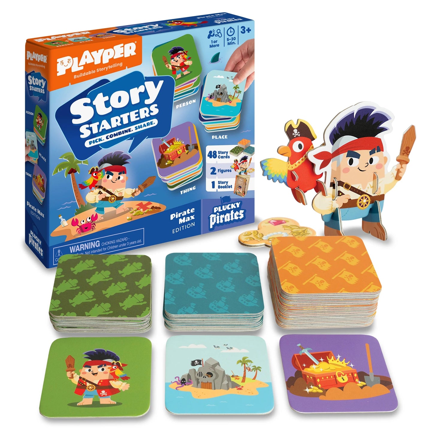 Story Starters Pirate Max Edition card game with colorful story cards, pirate figurine, and game pieces