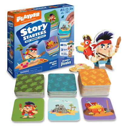Story Starters Pirate Max Edition card game with colorful story cards, pirate figurine, and game pieces