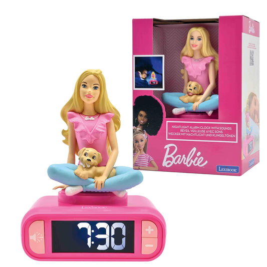 Barbie nightlight alarm clock with blonde doll and puppy figurine seated on top of pink digital clock base showing 7:30