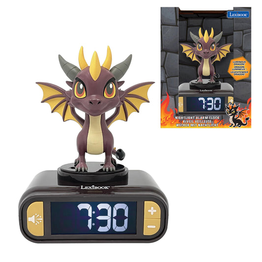 Mythic Dragon Alarm Clock with purple and yellow dragon figure on base, LCD display showing 3:30, gold buttons, and nightlight feature by Lexibook