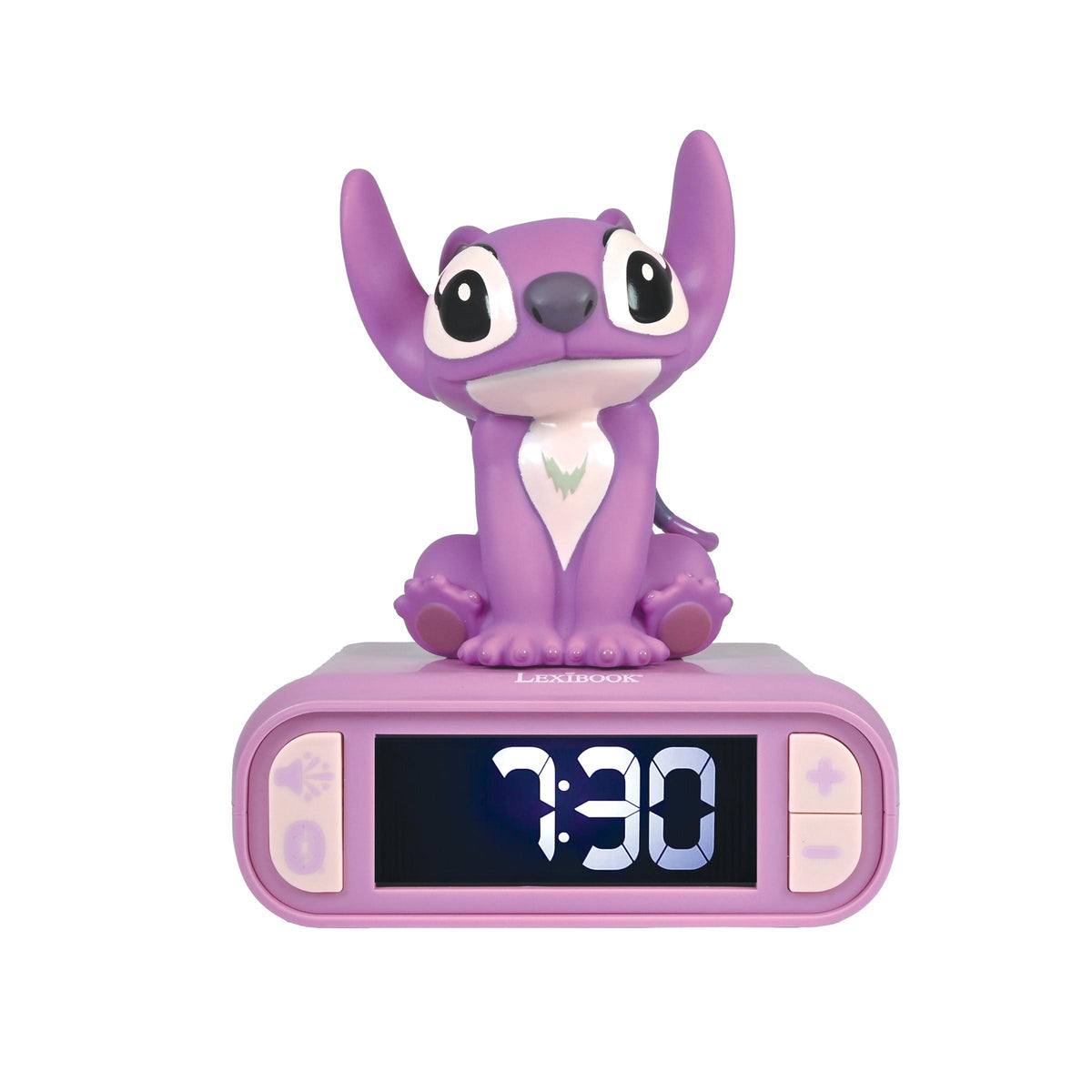 Purple Stitch character digital alarm clock with large eyes and pointed ears on pink base, displaying 3:30