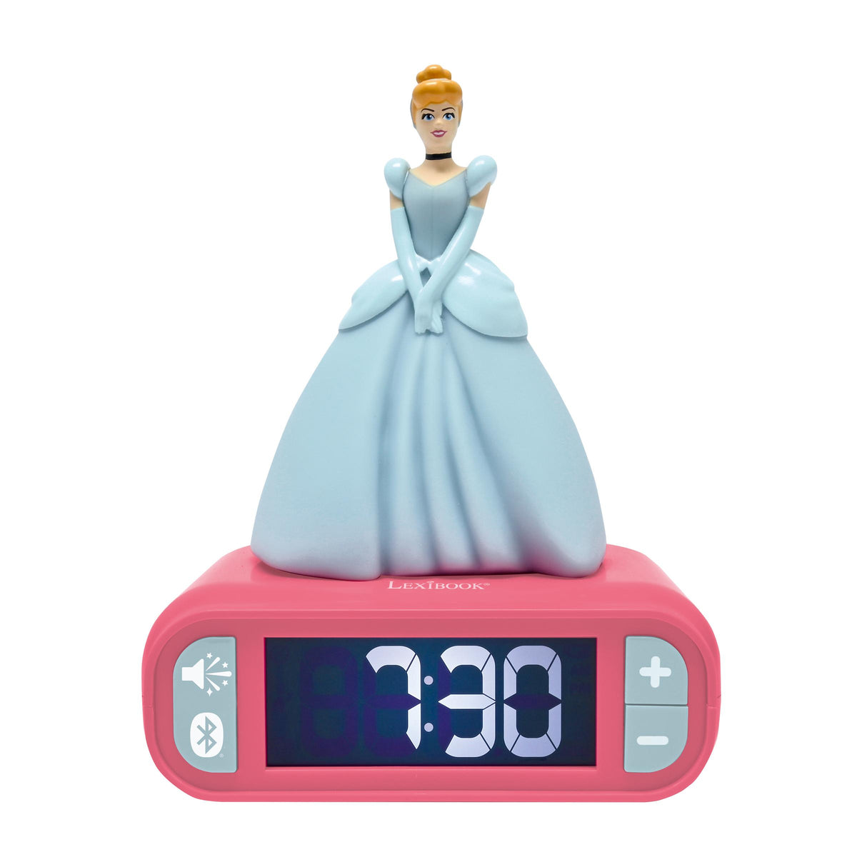 Cinderella doll in light blue ball gown on top of pink digital alarm clock displaying 7:30, with speaker and Bluetooth icons