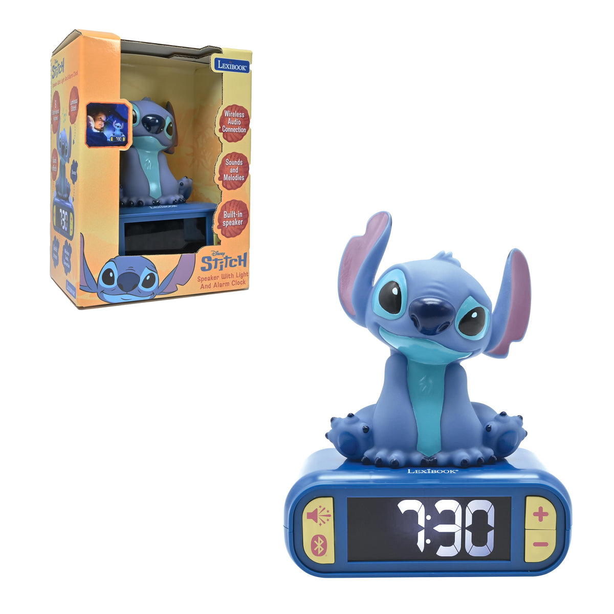 Stitch speaker with light and alarm clock, blue character figure on digital display showing 9:30, packaged in orange and yellow Lexibook box