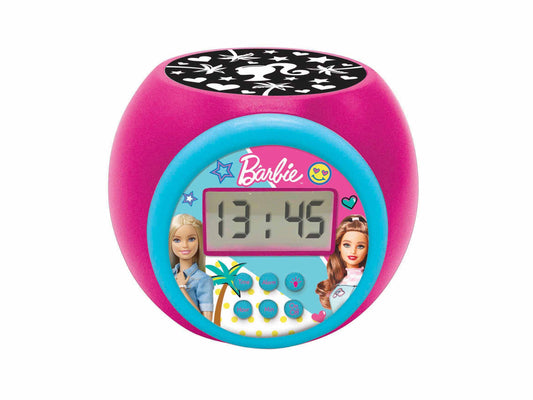 Barbie Projector Alarm Clock with Timer, pink and blue spherical device with digital LCD display showing time, Barbie images, and control buttons