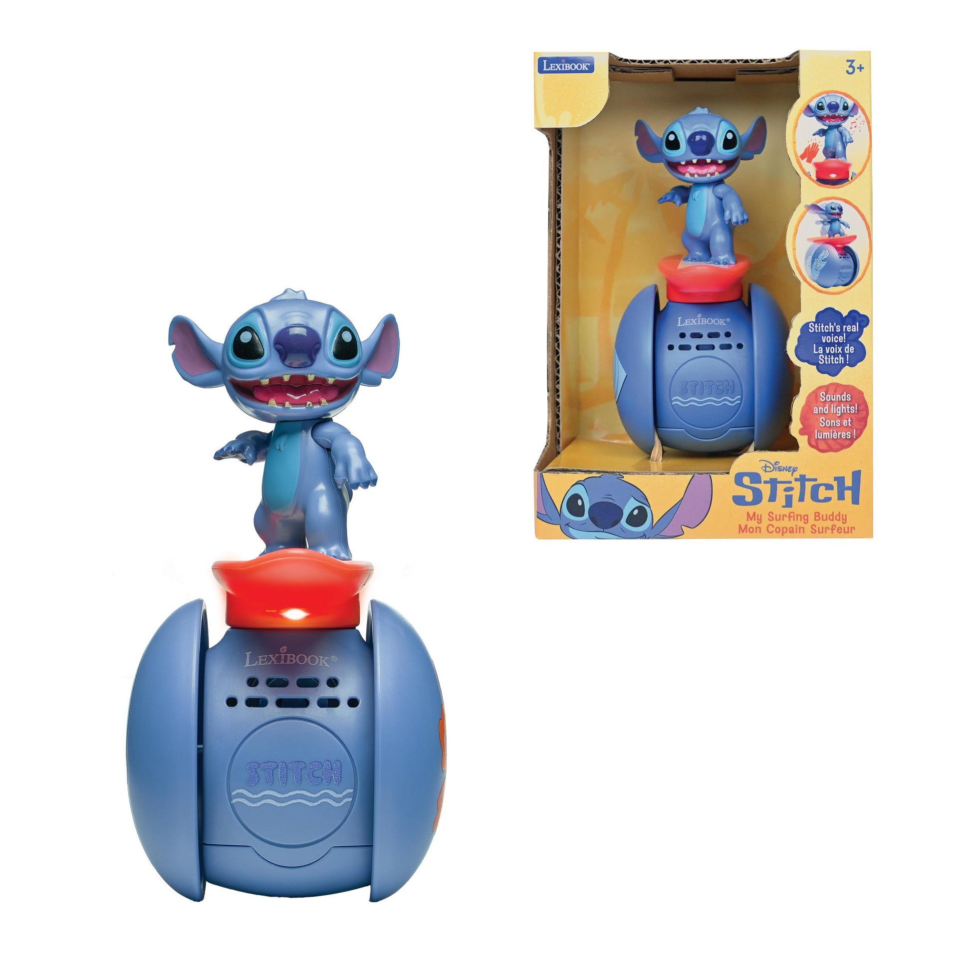 Stitch interactive toy with blue spherical base, red platform, and blue alien character on top; includes sounds and lights