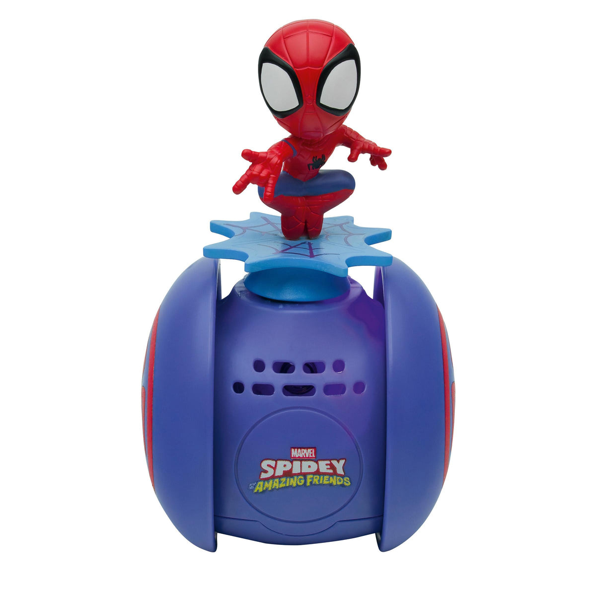 Spider-Man Tumbling Robot with red figure on top of blue pod-shaped base, part of Marvel Spidey and Amazing Friends toy line