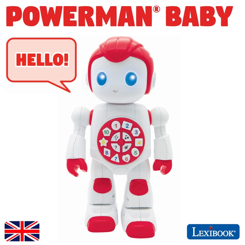 POWERMAN BABY red and white interactive robot with blue eyes, numbered dial on chest, and speech bubble saying HELLO!