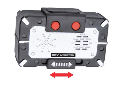 Spy Mission voice disguiser recorder with dual red buttons, black and grey body, control panel, and directional arrow buttons on plain background