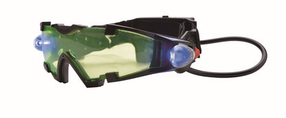 Green and black night vision goggles with blue lenses and attached black cord from Secret Agent Spy Kit