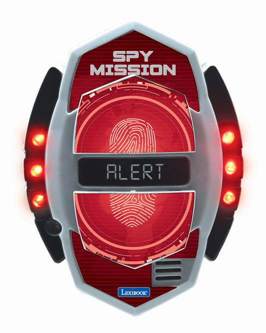 Red and white motion detector toy with illuminated red side lights, fingerprint scanner display, and SPY MISSION text on front