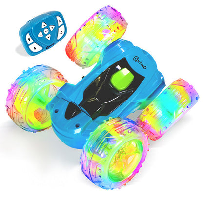 Contixo Flip Racer RC car with colorful transparent wheels and blue remote control