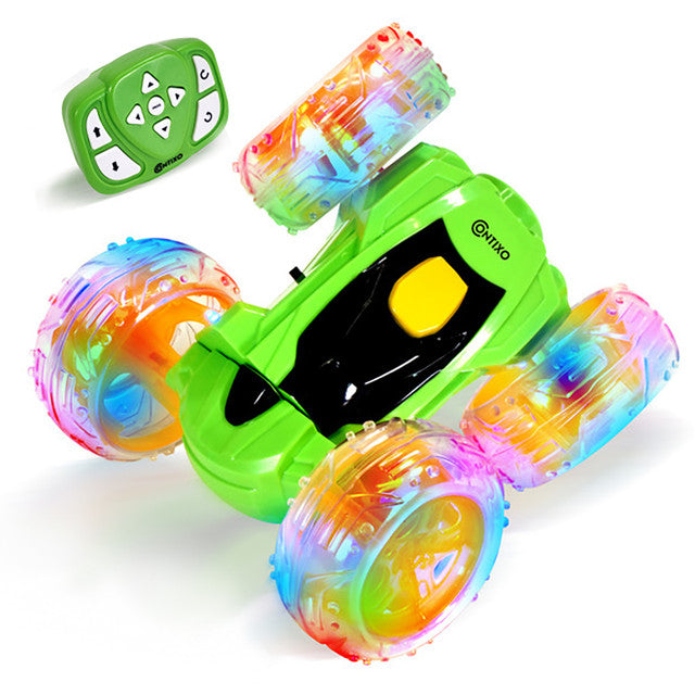Contixo Flip Racer Remote Control Car in green with colorful transparent wheels and remote control