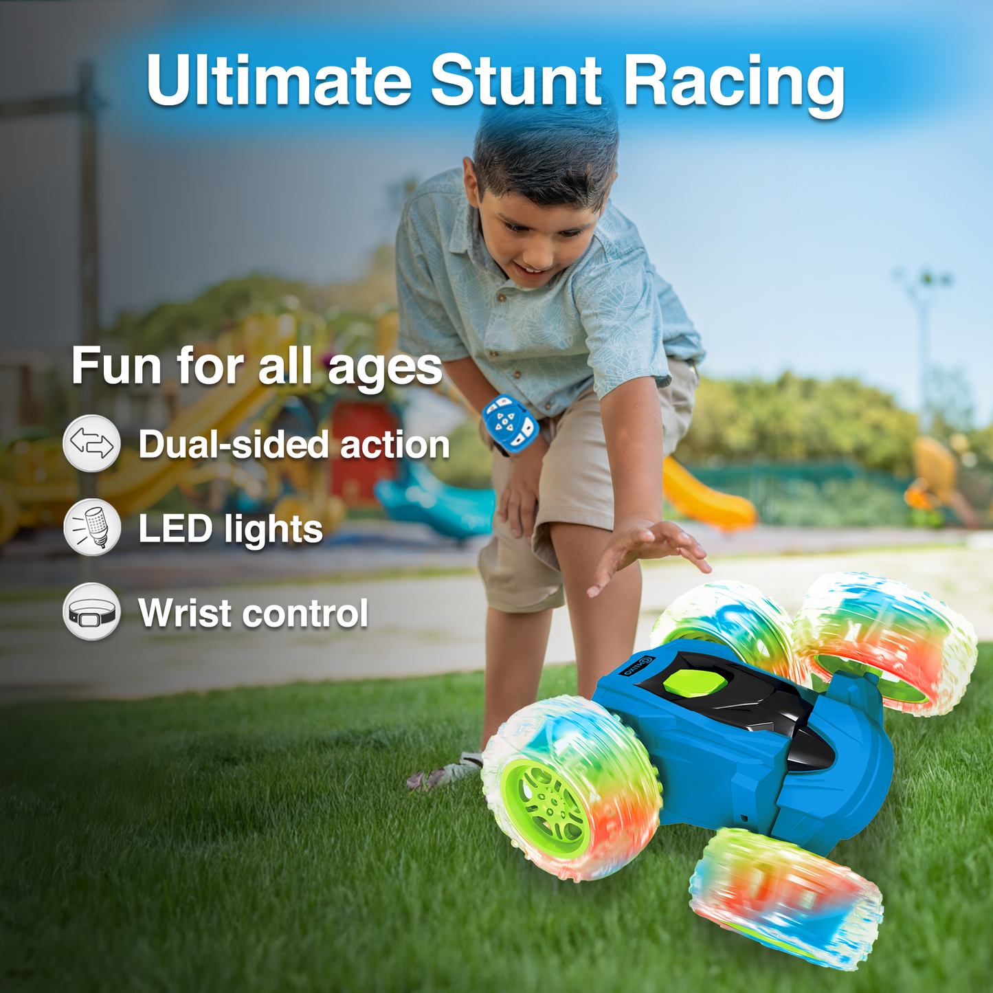 Contixo Flip Racer remote control car with LED lights and dual-sided action in blue