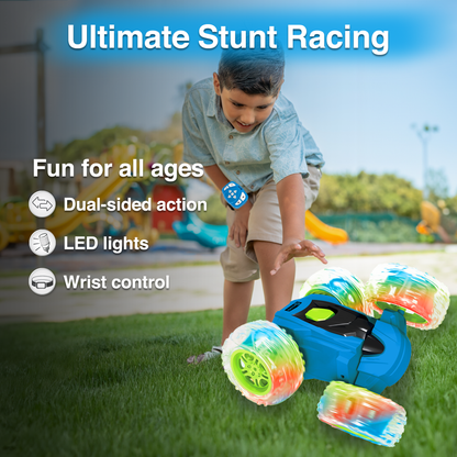 Contixo Flip Racer remote control car with LED lights and dual-sided action in blue