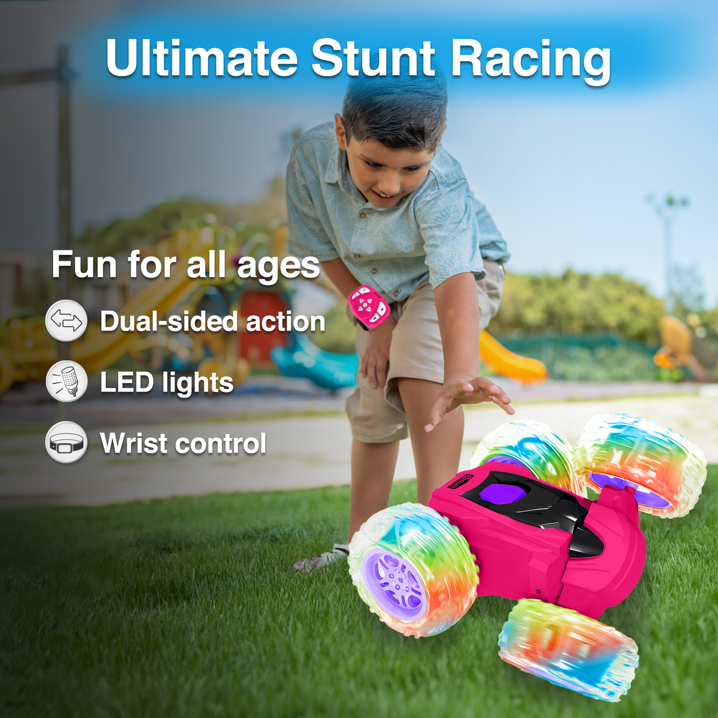 Contixo Flip Racer RC car in pink with LED lights and dual-sided action