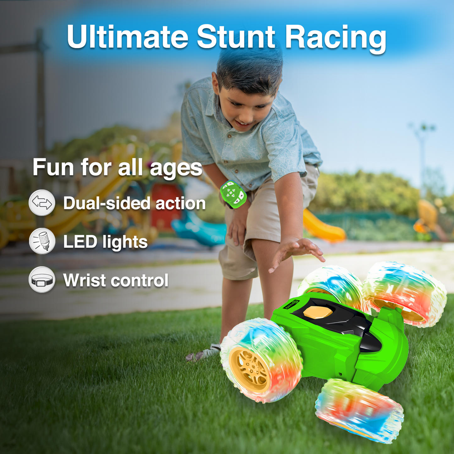 Contixo Flip Racer green RC car with LED lights and dual-sided action stunt racing toy