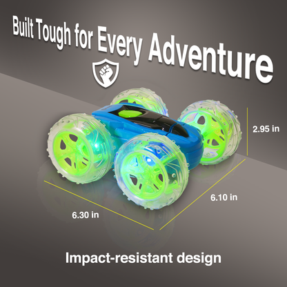 Contixo Flip Racer Remote Control Car with blue body and neon green wheels, impact-resistant design