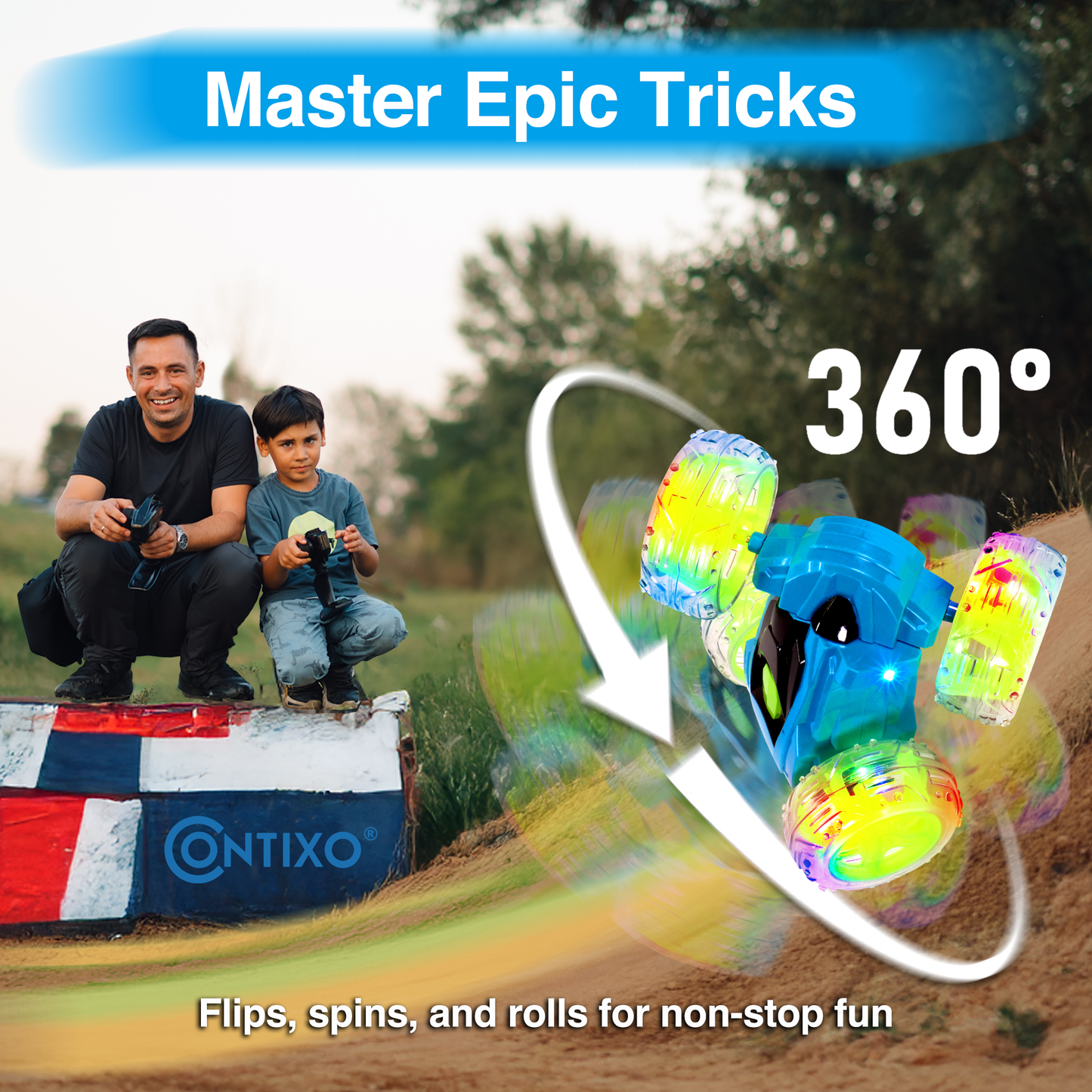 Contixo Flip Racer RC car performing 360° flips in blue and neon yellow with LED lights