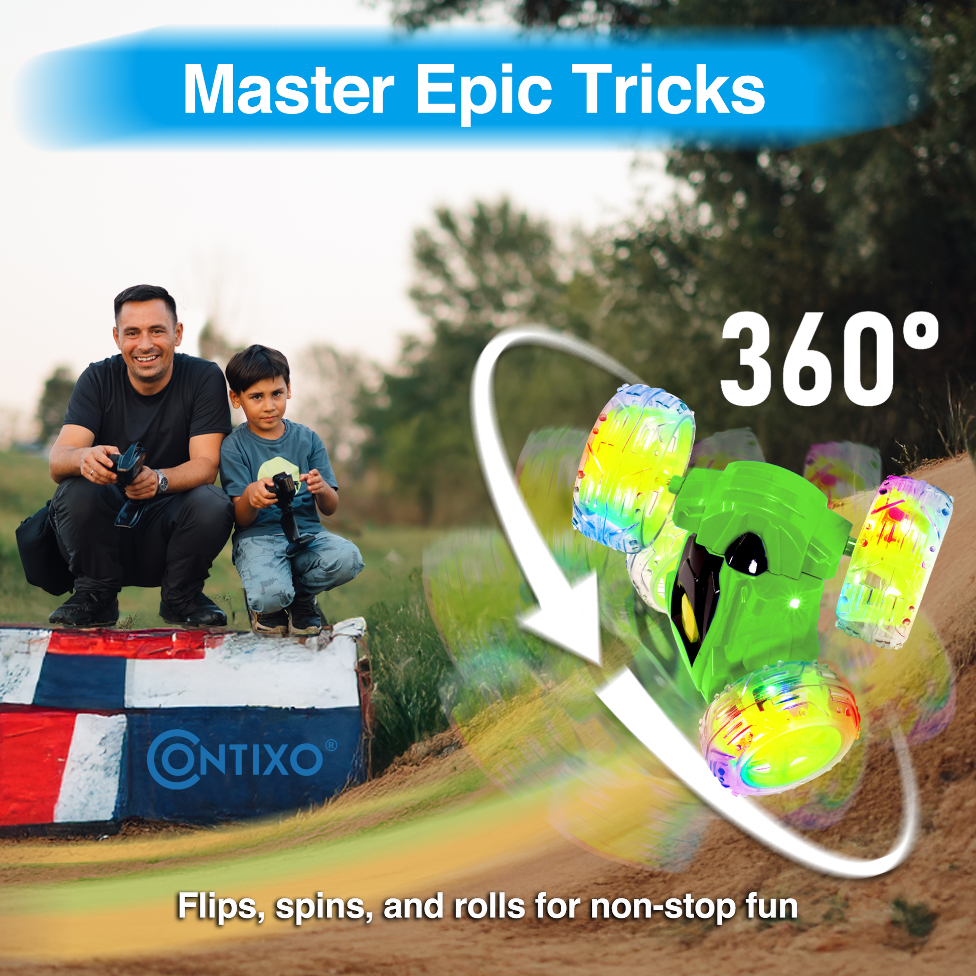 Contixo Flip Racer RC car in green with colorful wheels performing 360° flips outdoors