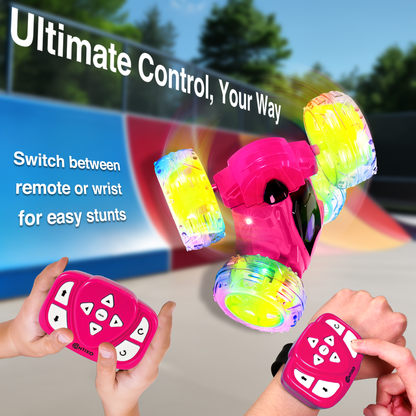 Contixo Flip Racer RC car in pink with LED wheels, remote and wrist controller