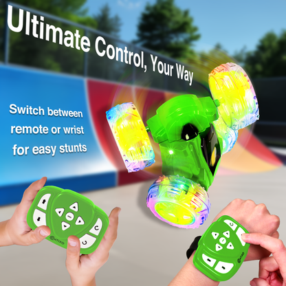 Contixo Flip Racer green RC car with LED lights, remote and wrist controller