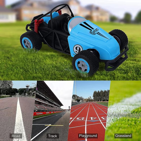 Contixo SC8 Buggy blue RC car with number 9, shown on grass and various terrains