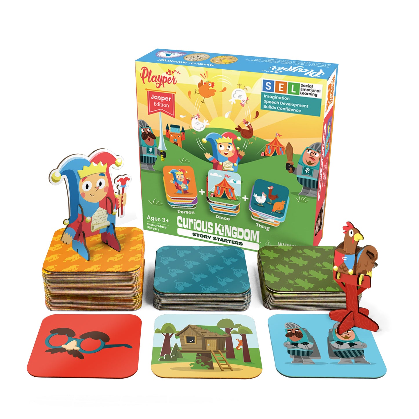 Playper Story Starters Jasper Edition card game with colorful character and place cards for kids ages 3+