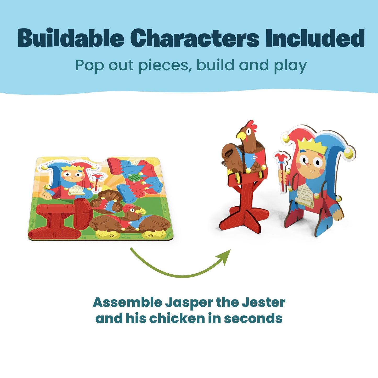 Story Starters Jasper Edition buildable character puzzle with pop-out jester and chicken pieces