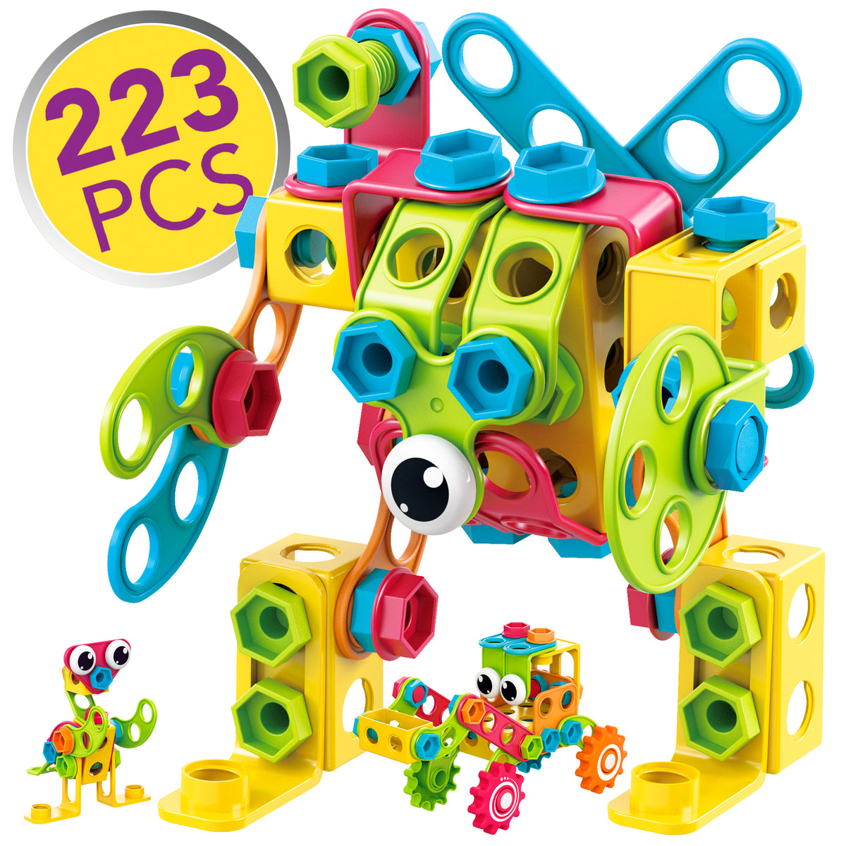 Colorful 223-piece building block set with bright yellow, lime green, blue, pink, and orange plastic pieces forming a large robot-like structure with googly eye