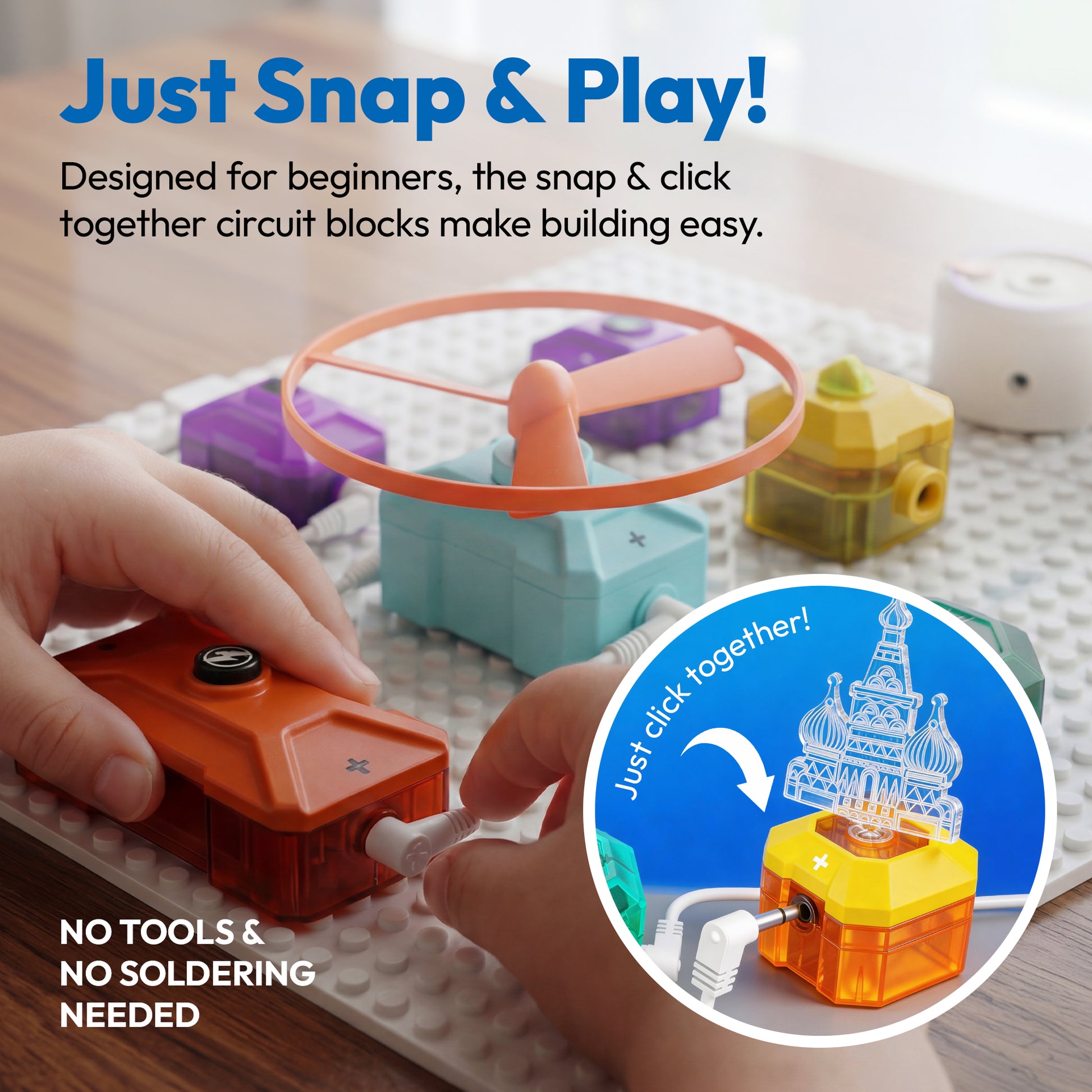 Contixo ST36 Science Circuit Block Set with colorful snap-together blocks in orange, purple, and yellow
