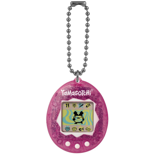 Tamagotchi Original Gen2 pink glitter keychain with metal ball chain, pixelated character on LCD screen, and control buttons